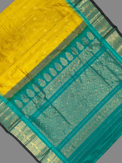 Bridal Big Checks Butta Yellow  Pure Silk Sarees