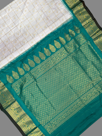 Bridal Big Checks Butta White Pure Silk Sarees