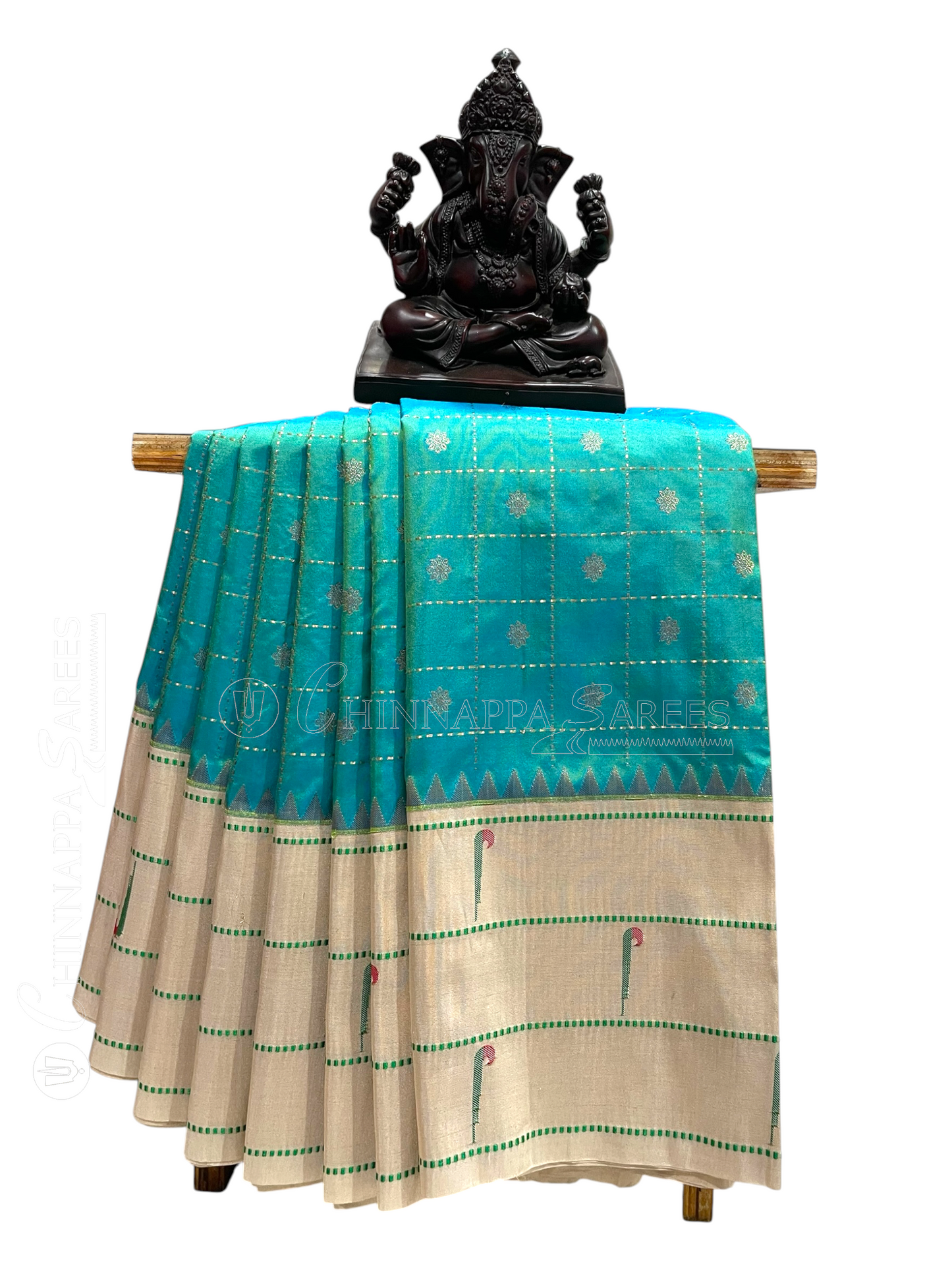 Triple Muniya Broder Sea Blue Pure Silk Saree