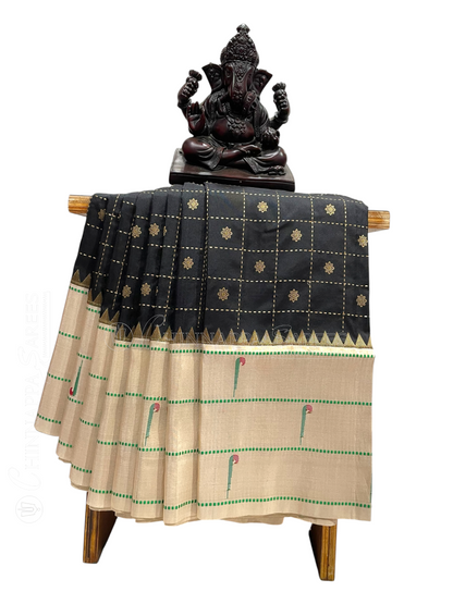 Triple Muniya Broder Black Pure Silk Saree