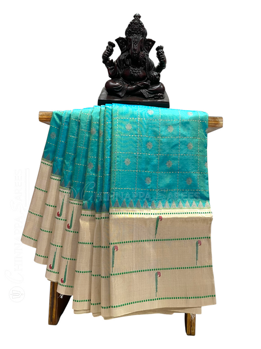 Triple Muniya Broder Sea Green Pure Silk Saree