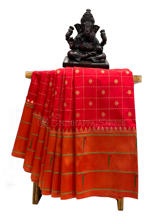 Triple Muniya Broder Red  Pure Silk Saree