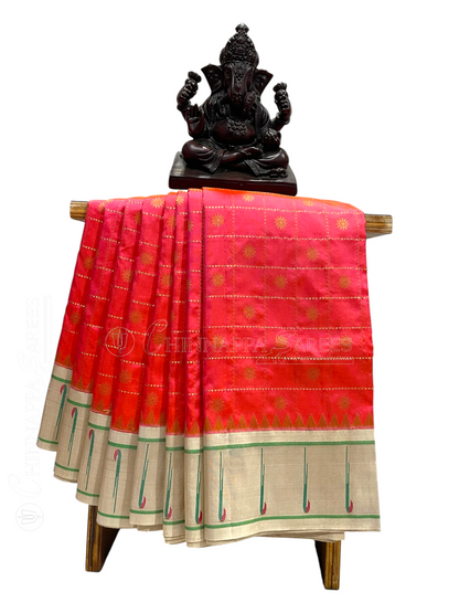 Pure Paithani Tomato Pink Silk Saree