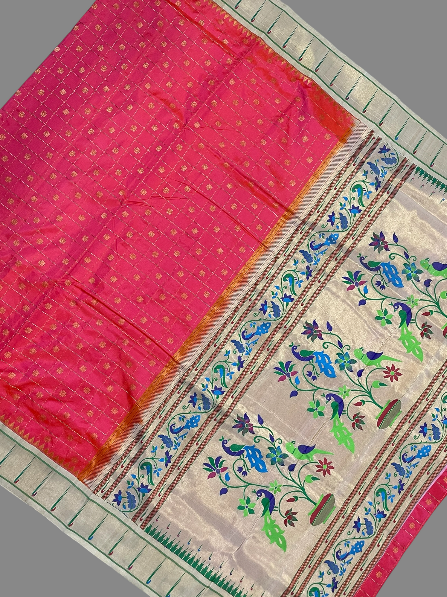 Pure Paithani Tomato Pink Silk Saree