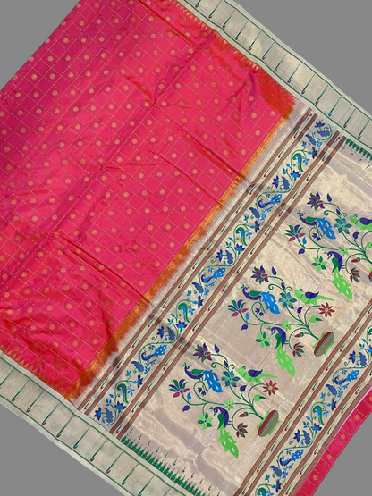 Pure Paithani Tomato Pink Silk Saree