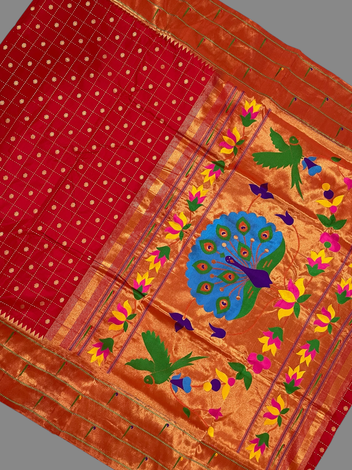 Triple Muniya Broder Red  Pure Silk Saree