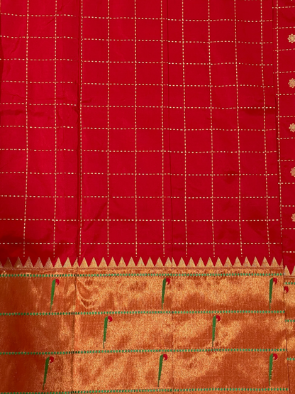 Triple Muniya Broder Red  Pure Silk Saree
