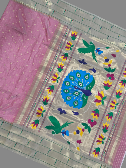 Triple Muniya Broder Light pink Pure Silk Saree