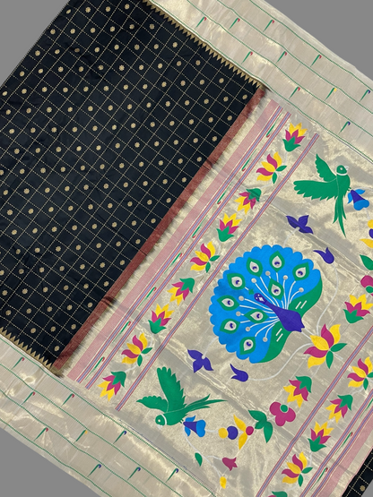 Triple Muniya Broder Black Pure Silk Saree