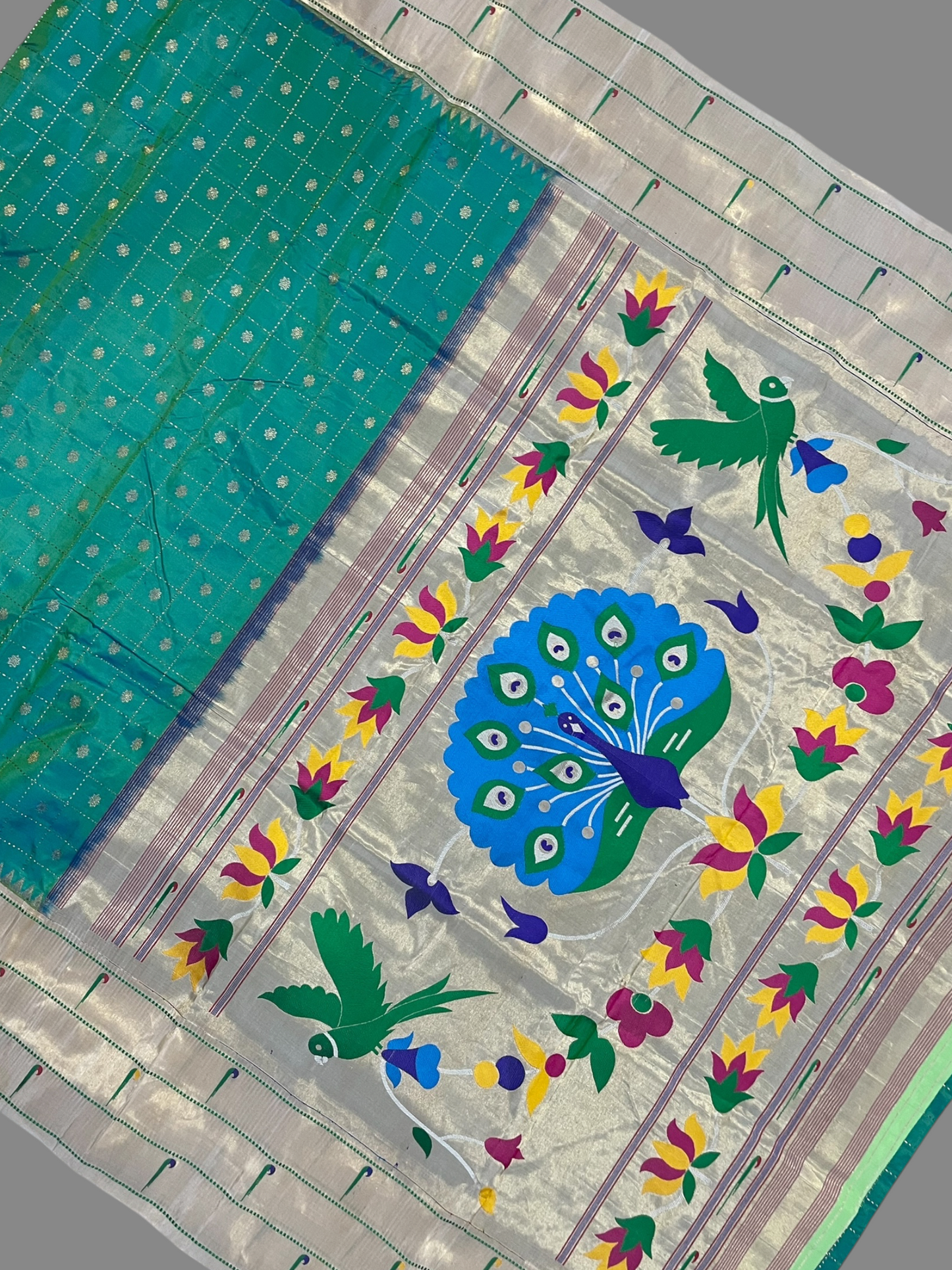 Triple Muniya Broder Sea Green Pure Silk Saree