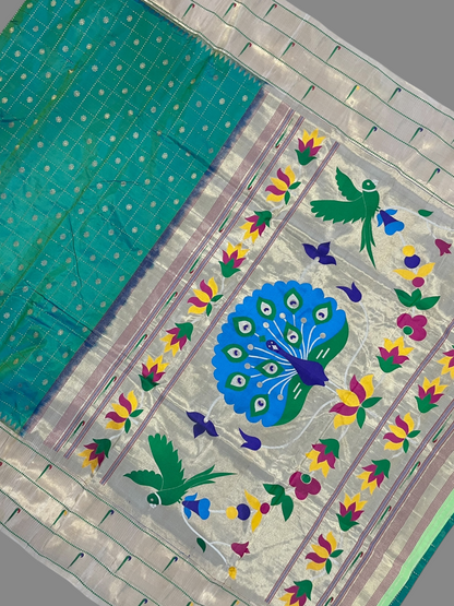 Triple Muniya Broder Sea Green Pure Silk Saree