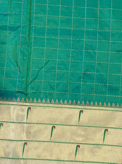 Triple Muniya Broder Sea Green Pure Silk Saree