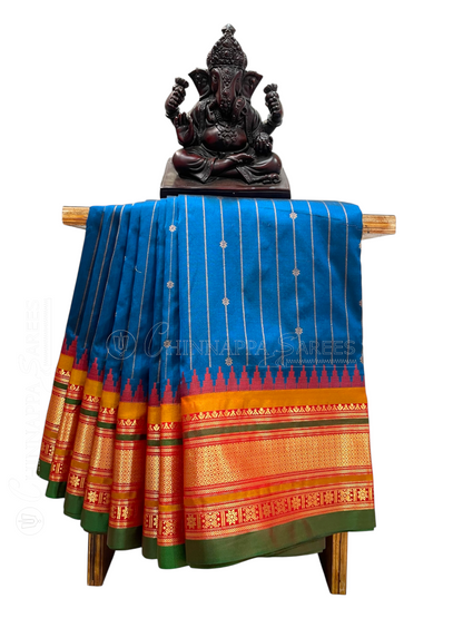 Kanchi Peacock Blue Stripes Butta Pure Silk Sarees