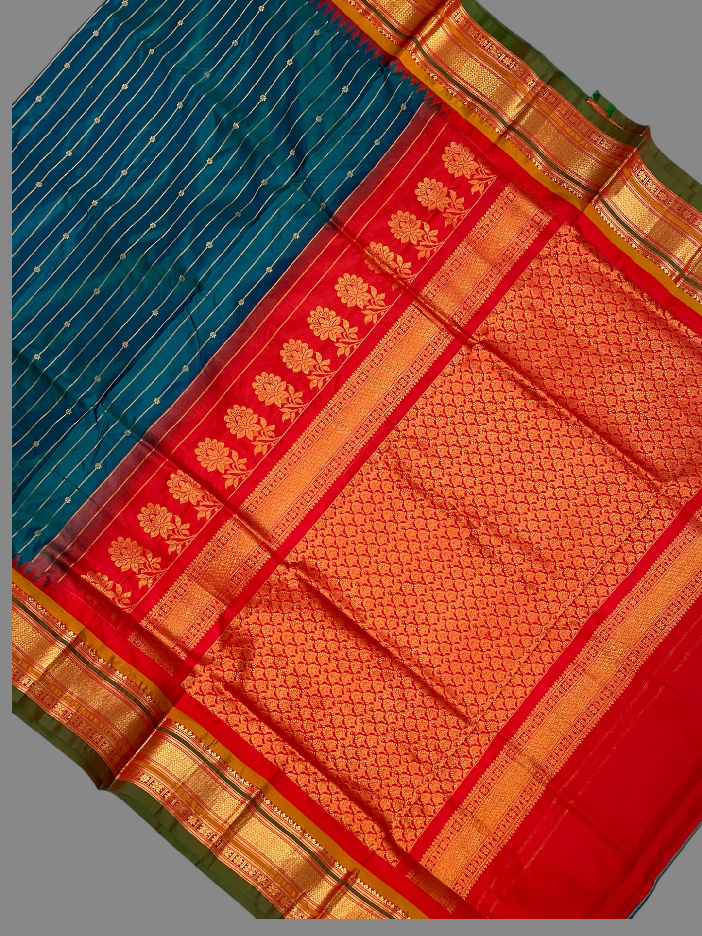 Kanchi Peacock Green Stripes Butta Pure Silk Sarees