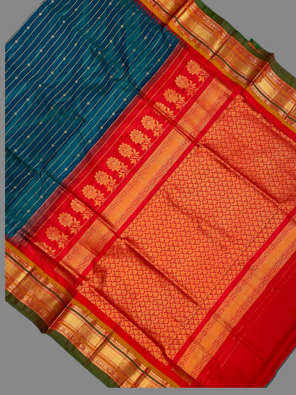 Kanchi Peacock Green Stripes Butta Pure Silk Sarees