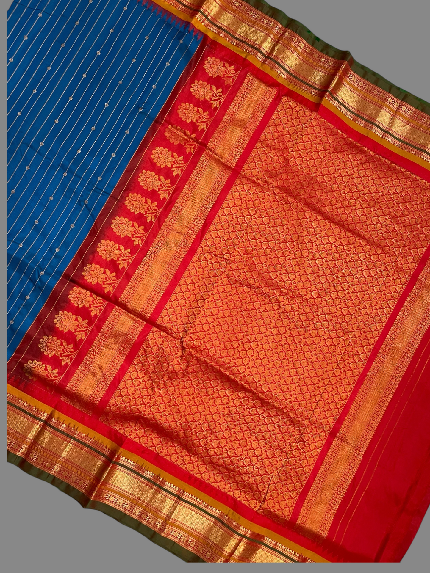 Kanchi Peacock Blue Stripes Butta Pure Silk Sarees