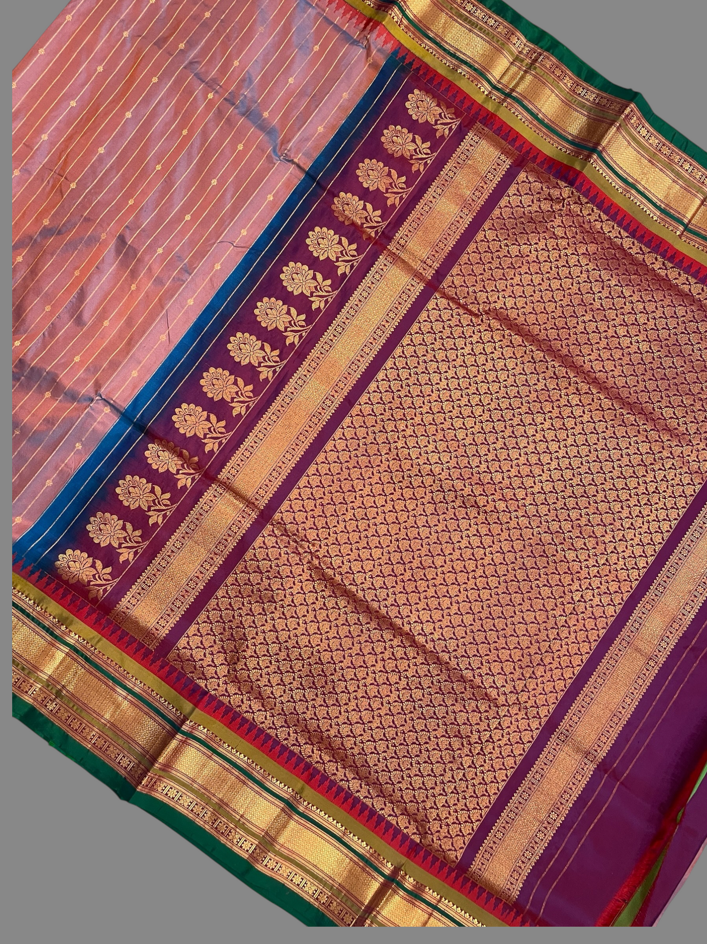 Kanchi Copper Pink Stripes Butta Pure Silk Sarees