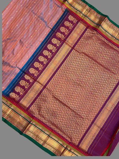Kanchi Copper Pink Stripes Butta Pure Silk Sarees