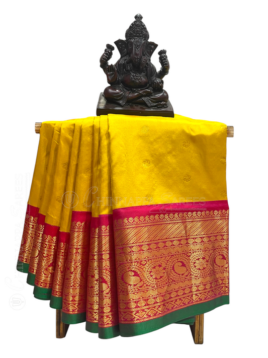 Gadwal Flower Butta Border  Yellow Pure Silk Sarees