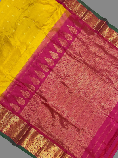 Gadwal Flower Butta Border  Yellow Pure Silk Sarees