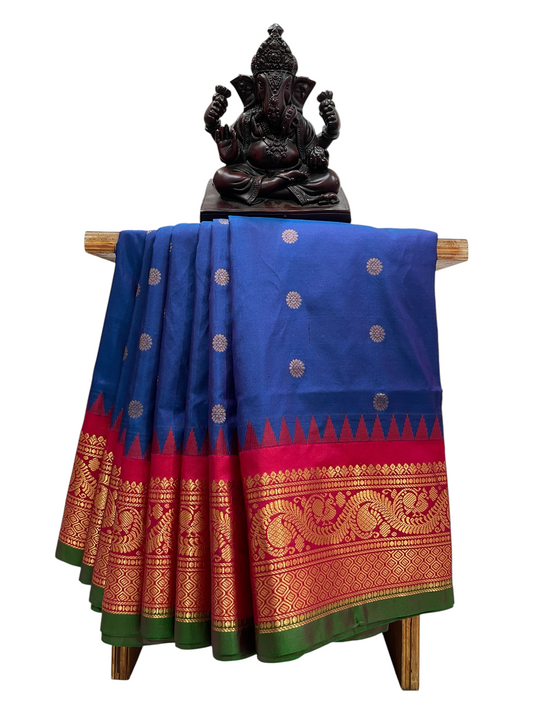 Shilpi Border Peacock Blue Pure Silk Saree