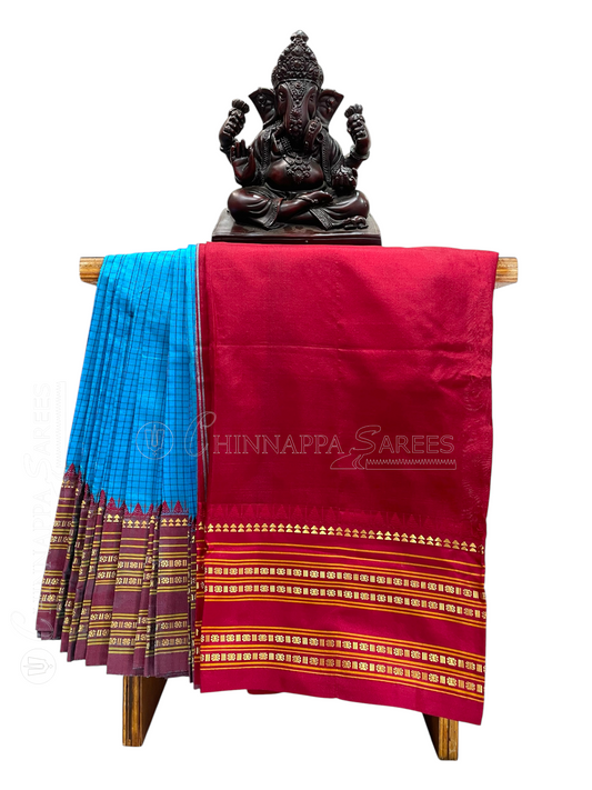 Narayanpet Checks Rama Blue Pure Silk Saree