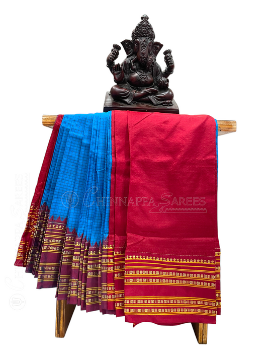 Narayanpet Checks Blue Pure Silk Saree