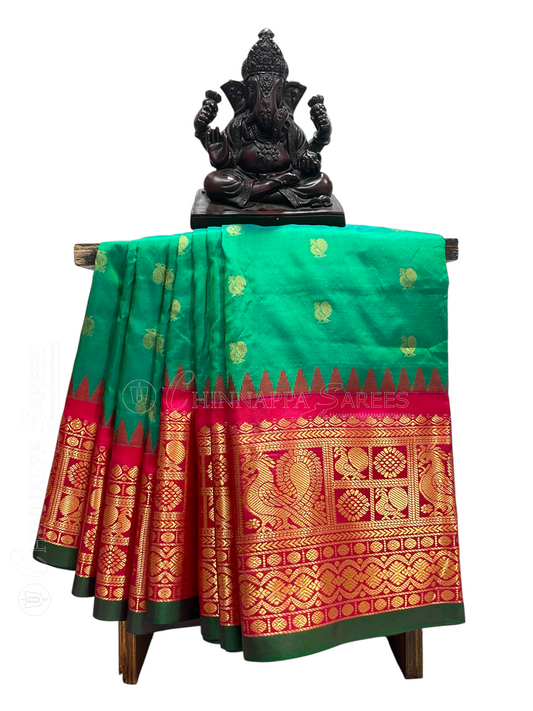 Gadwal Peacock Border Rama Green  Silk Saree