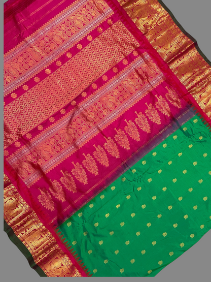 Gadwal Peacock Border Rama Green  Silk Saree