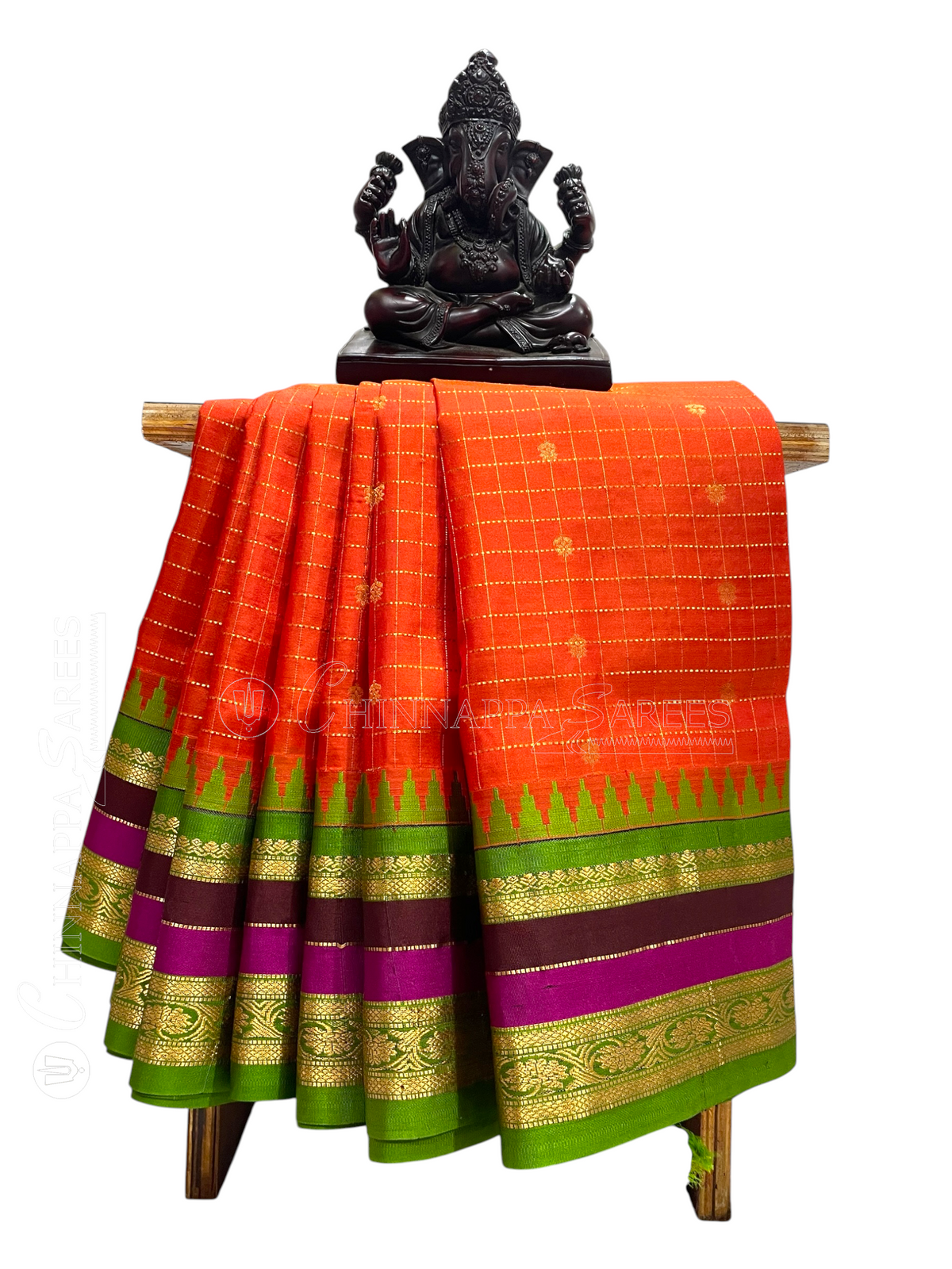 Gadwal Border Checks Orange Pure Silk Saree