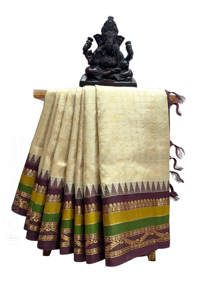 Gap Border Checks White Cream Colour Pure Silk Saree