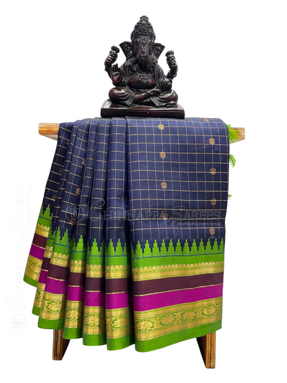 Gap Border Checks Ink Blue Pure Silk Saree