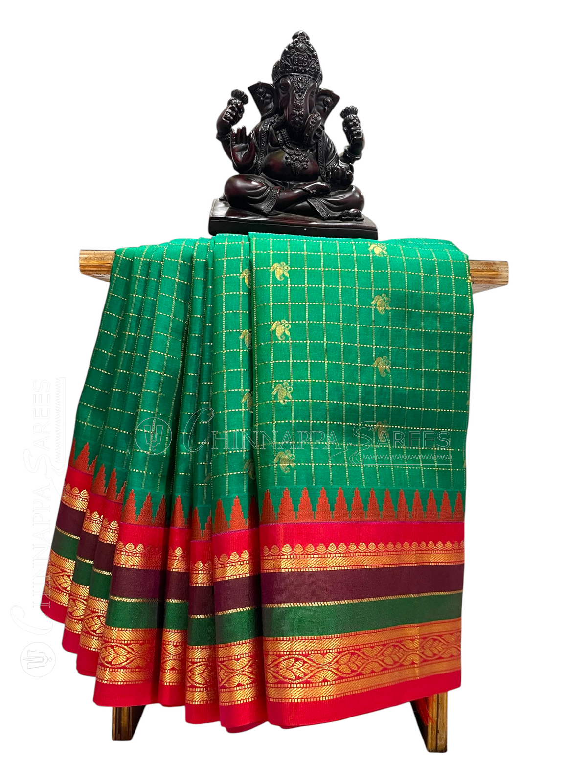 Gap Border Checks Sea Green Pure Silk Saree