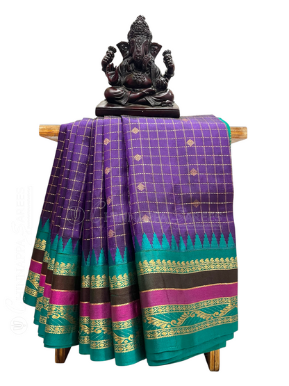 Gadwal Border Checks Dark Magenta Pure Silk Saree