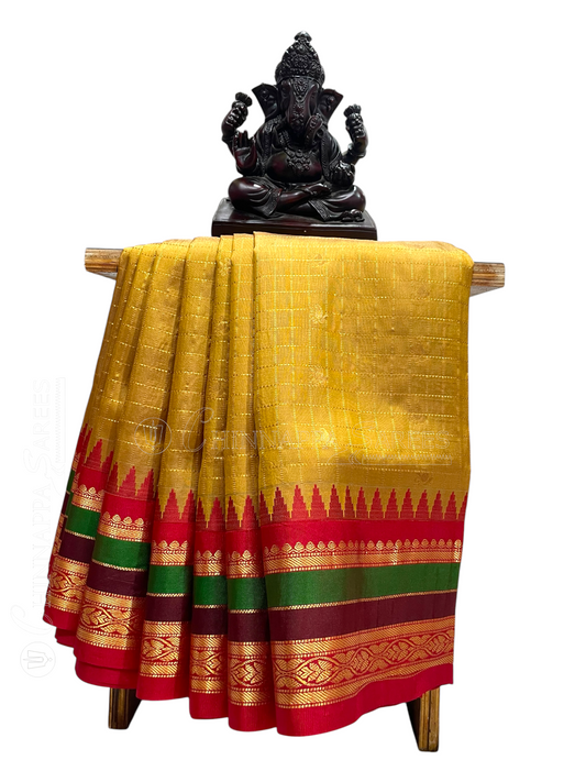 Gap Border Checks Haldi Yellow Pure Silk Saree