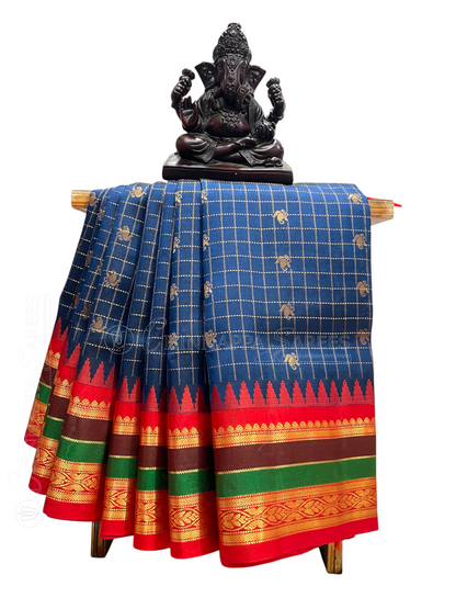 Gap Border Checks Dark Blue Pure Silk Saree