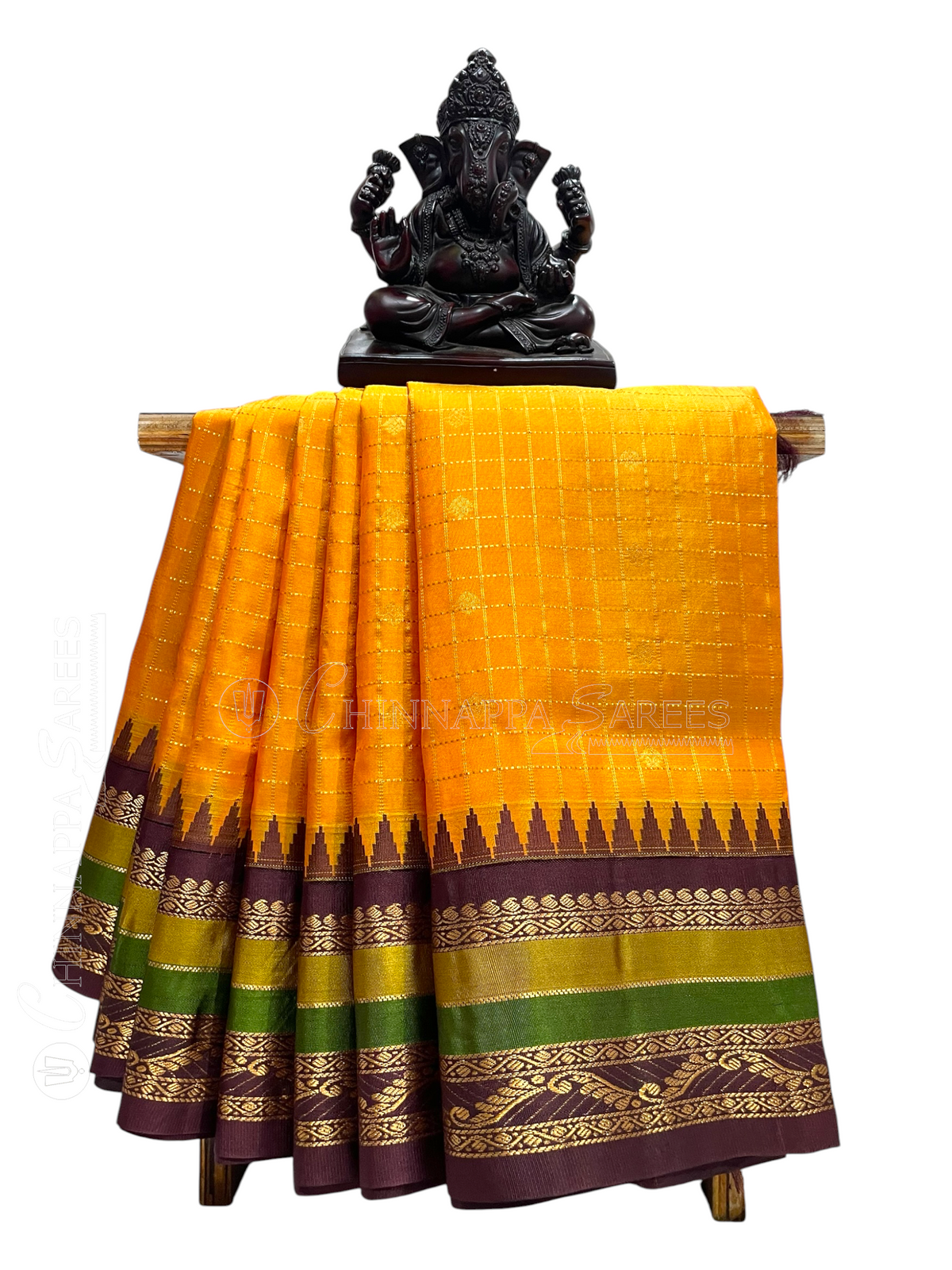 Gadwal Border Checks Lemon Yellow Pure Silk Saree