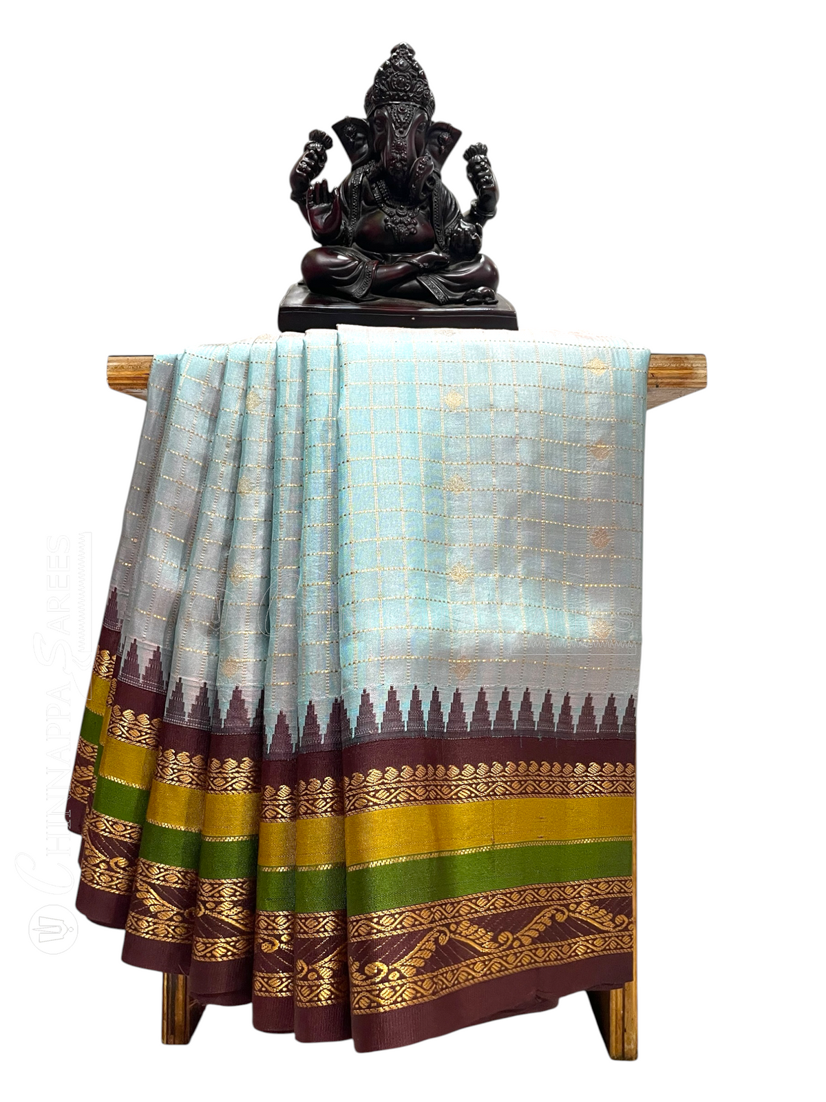 Gadwal Border Checks Light Sky Blue Pure Silk Saree