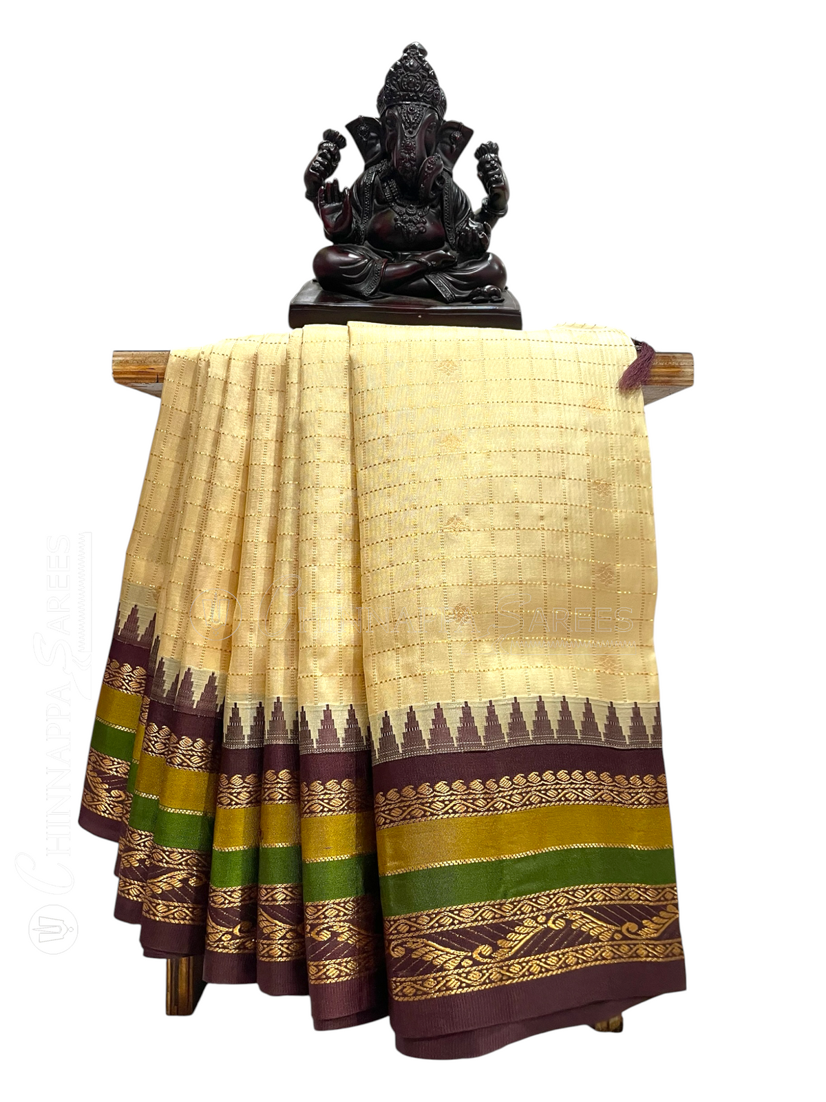 Gap Border Checks Pale Gold Pure Silk Saree