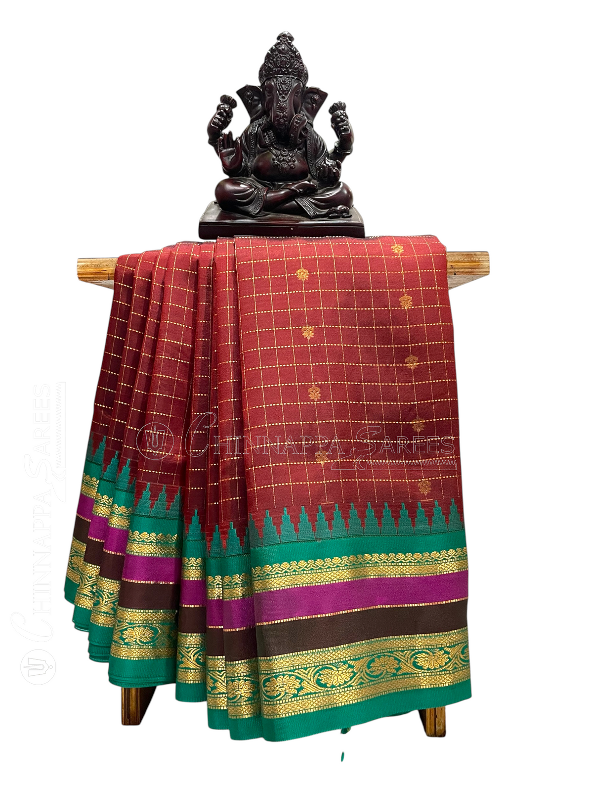 Gap Border Checks Dark Maroon Pure Silk Saree