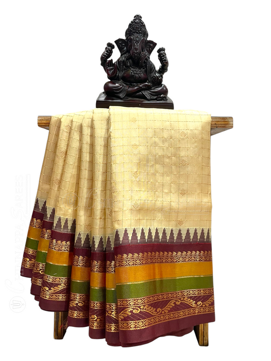 Gap Border Checks Cream Gold Pure Silk Saree