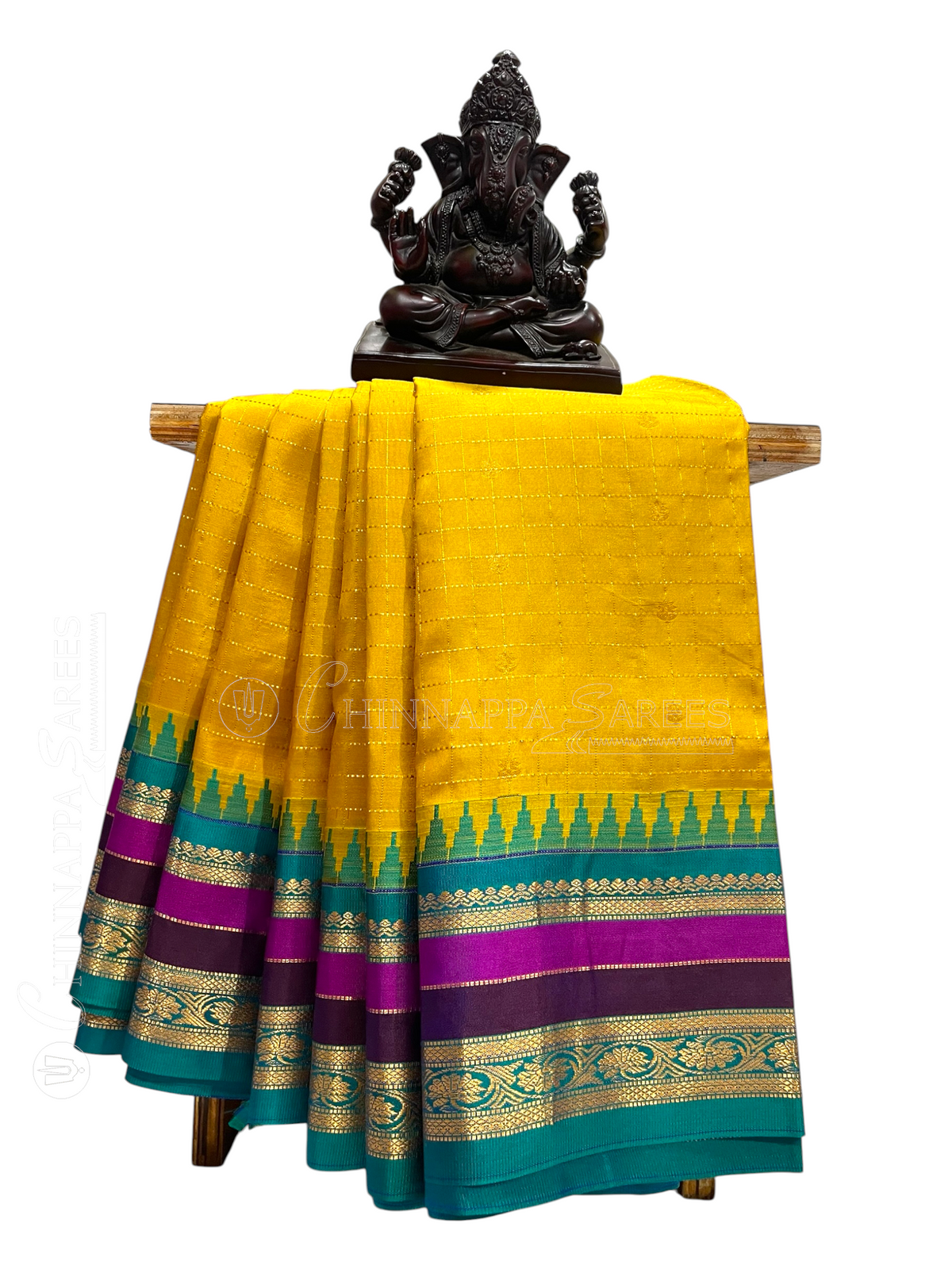 Gap Border Checks Bright Yellow Pure Silk Saree