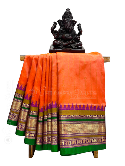 Kanchi Bright Orange Stripes Butta Pure Silk Sarees
