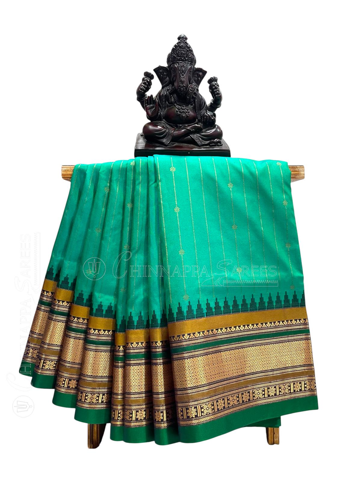 Kanchi Sea Green Stripes Butta Pure Silk Sarees