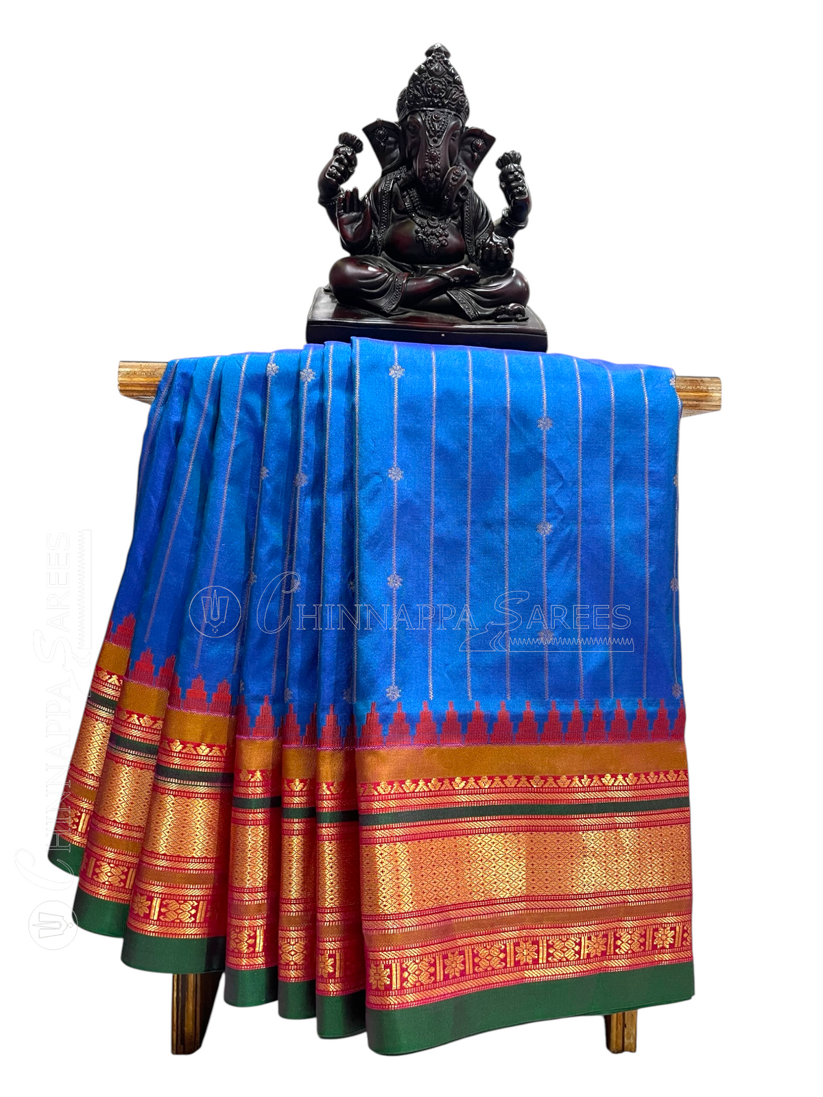 Kanchi Royal Blue Stripes Butta Pure Silk Sarees