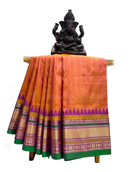 Kanchi Peach Stripes Butta Pure Silk Sarees