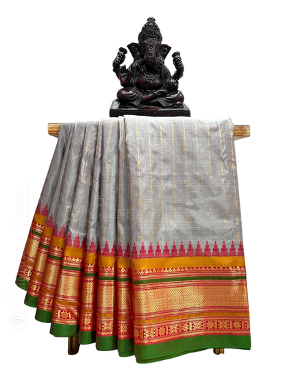 Kanchi Silver Grey Stripes Butta Pure Silk Sarees