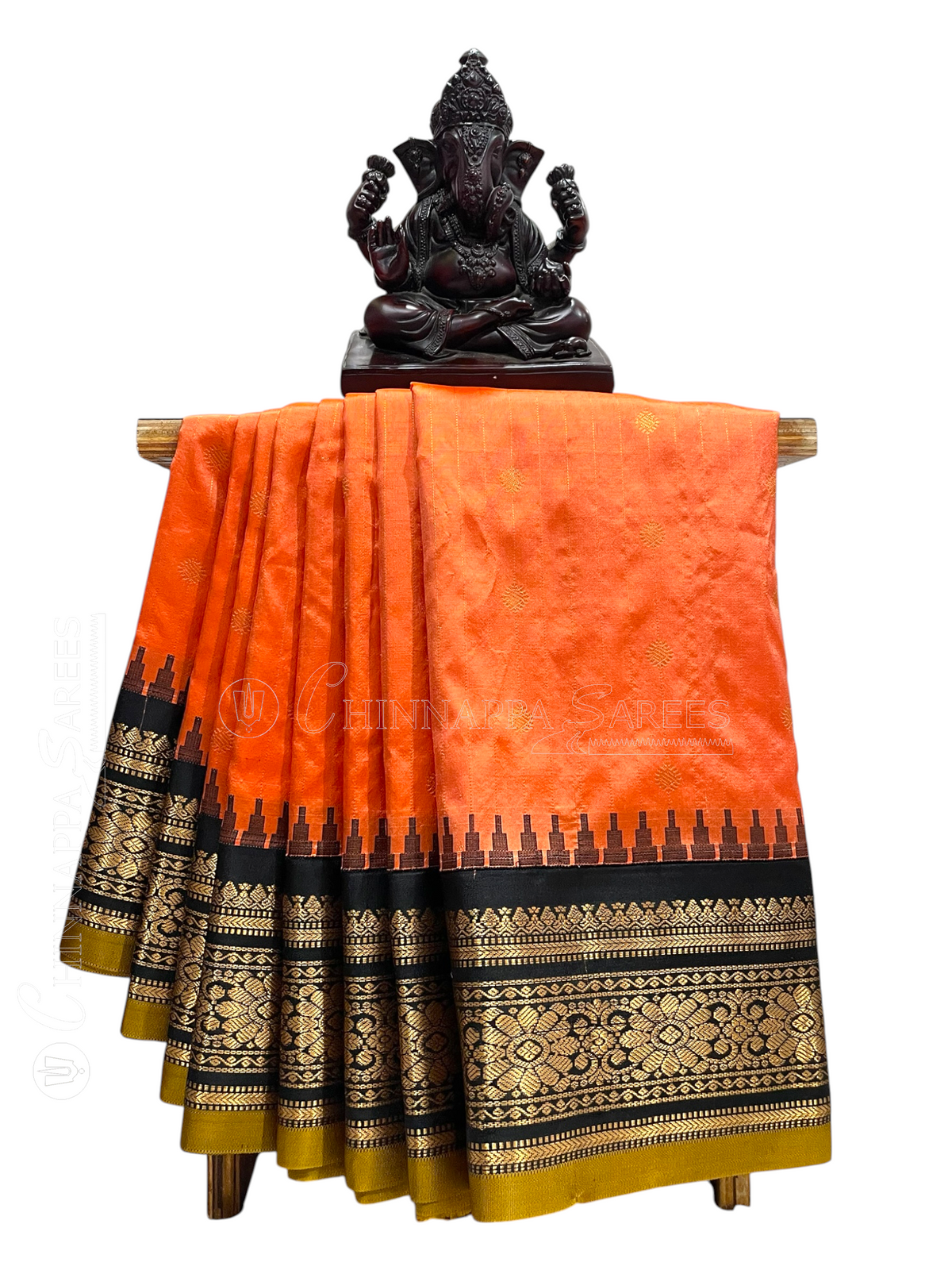 Kanchi Peach Orange Stripes Butta Pure Silk Sarees