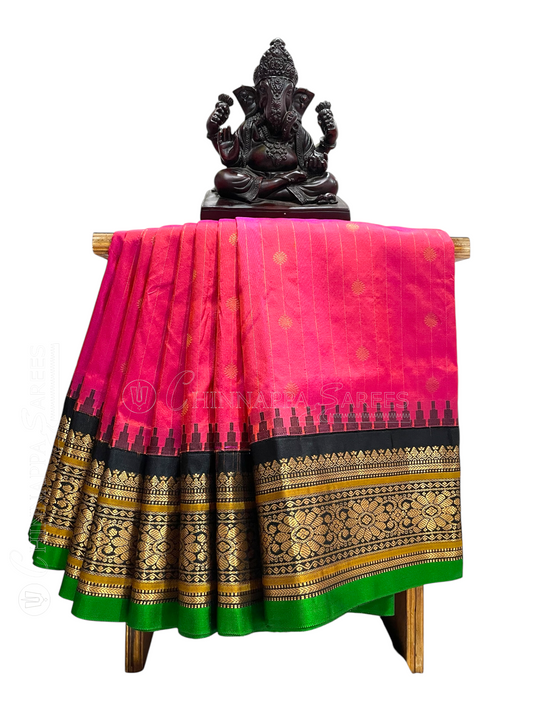 Kanchi Coral Pink Stripes Butta Pure Silk Sarees