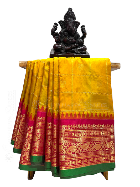 Bridal Big Checks Butta Golden Yellow Pure Silk Sarees